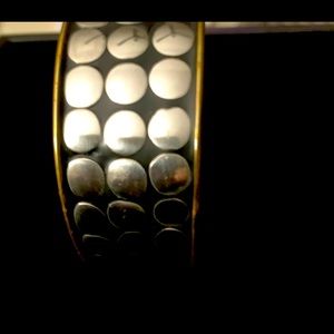 Bangle Bracelet w/Silver Polka Dots Black Background/Silver Dots/Brass Outline